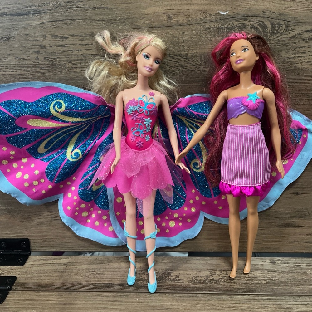 2 Barbie Doll Lot With Barbie Clothing, Fairy-Tastic Princess & Dolphin Magic